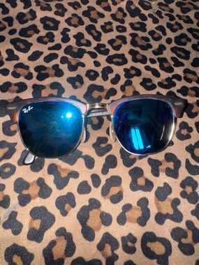 Ray-Ban Clubmaster Sunglasses with Blue Mirror Lenses and Brown Frame